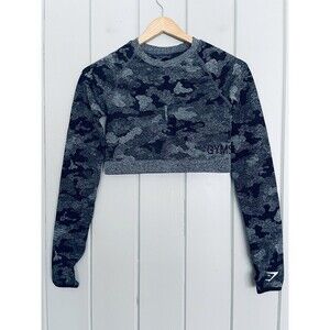 Gymshark Adapt Seamless Crop Top M Medium Gray Camo Long Sleeve